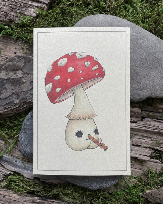 print of red capped mushling playing a flute