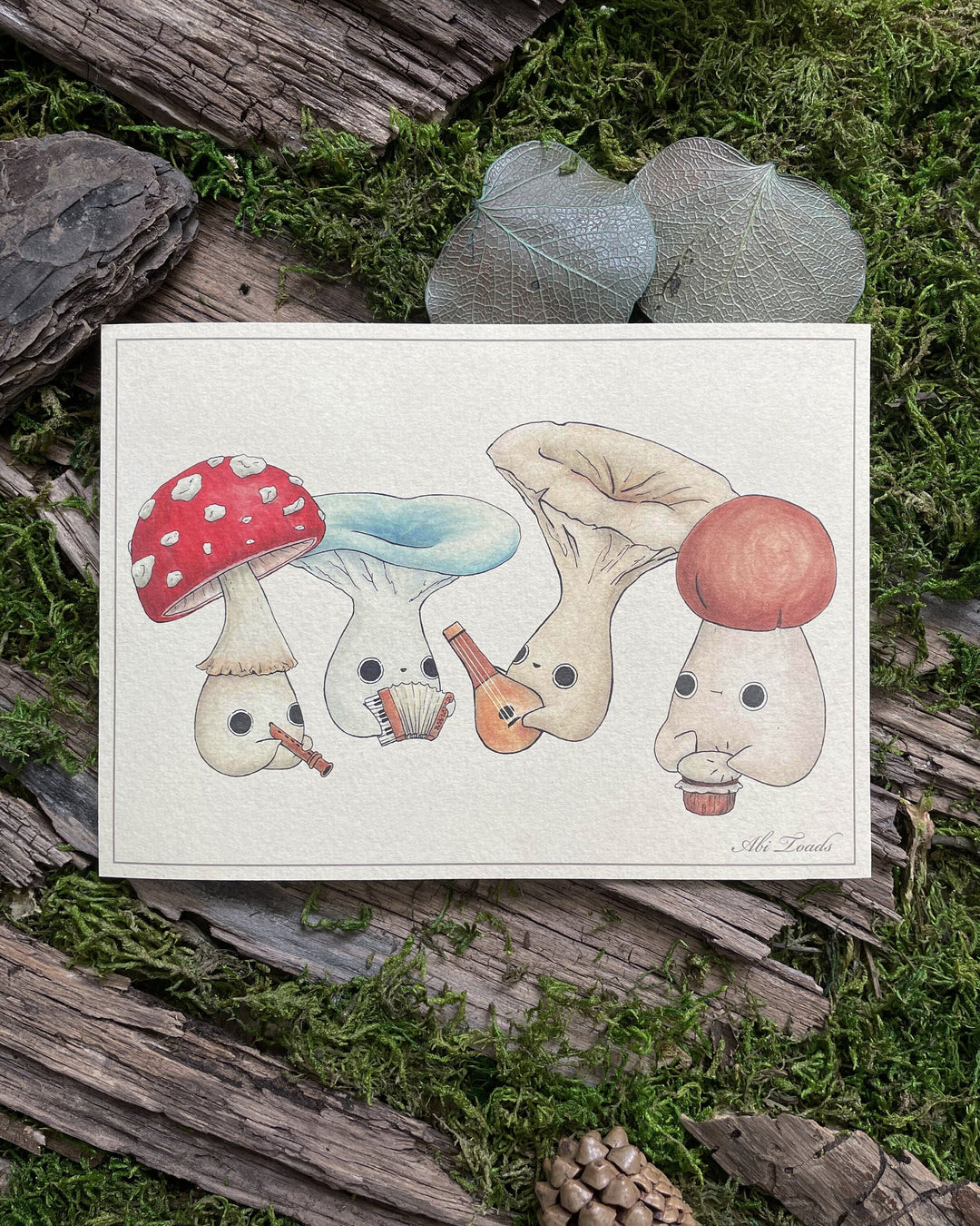 print of four mushlings playing various instruments 