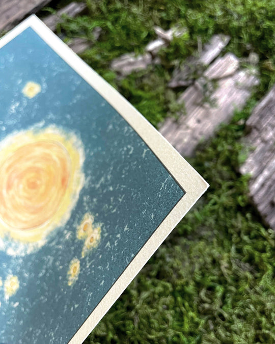 print of mushroom characters dancing in a circle under the moon closeup