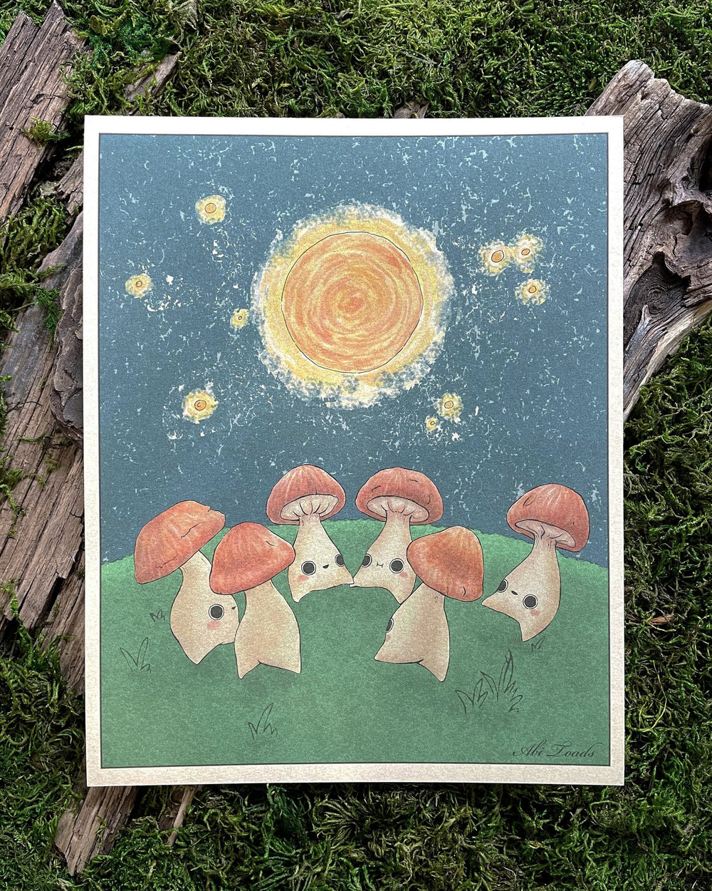 print of mushroom characters dancing in a circle under the moon