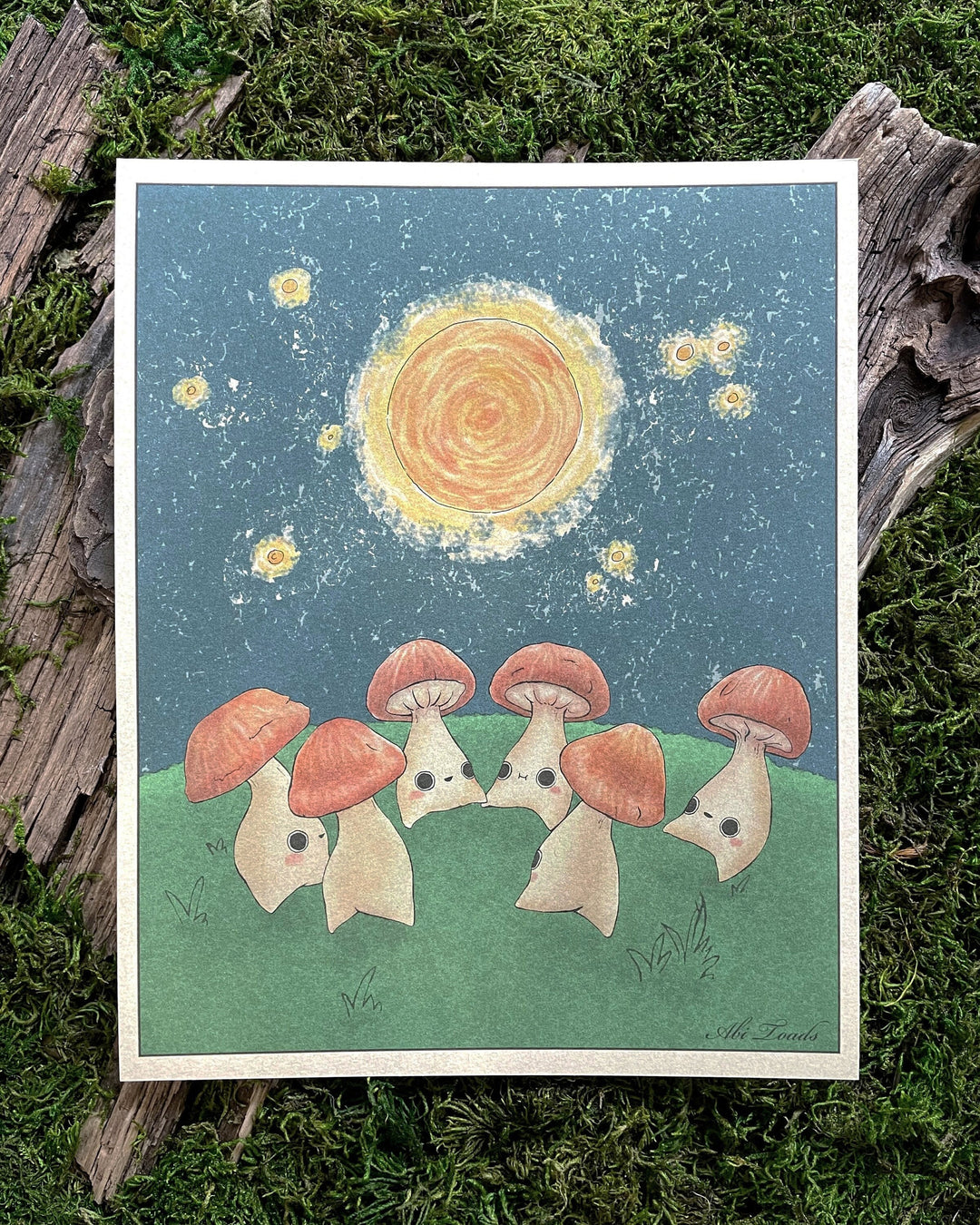print of mushroom characters dancing in a circle under the moon