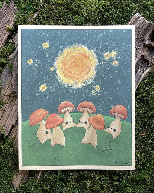 print of mushroom characters dancing in a circle under the moon