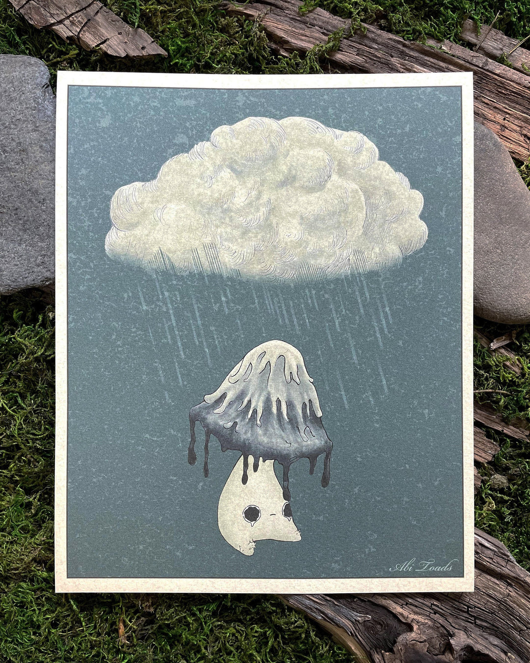 print of inky cap mushroom crying under rain cloud