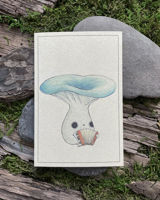 print of blue oyster mushling playing an accordian