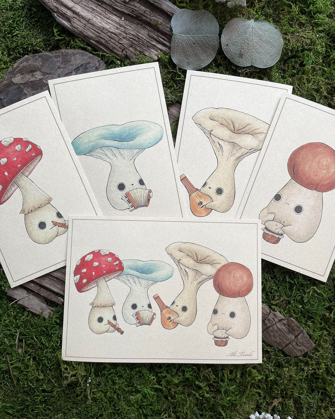 collection of prints of different mushlings playing instruments