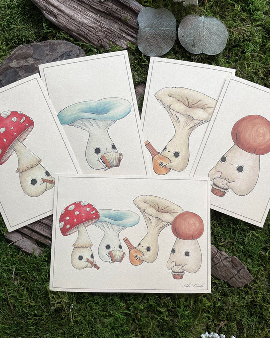 collection of prints of different mushlings playing instruments