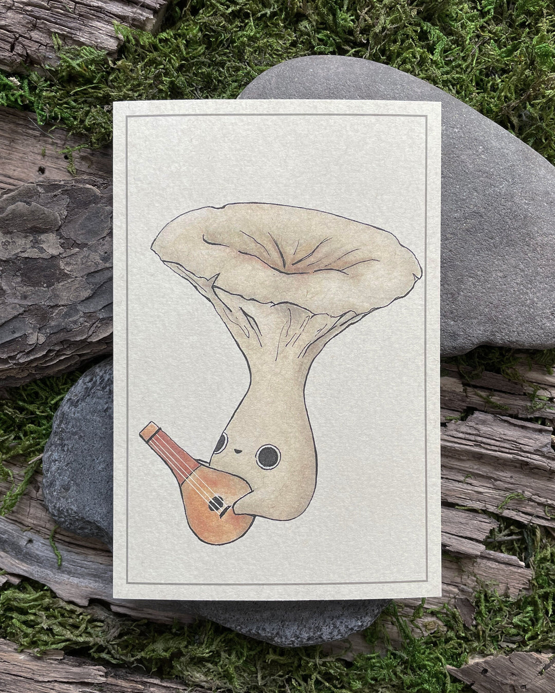 print of chanterelle mushling playing a lute