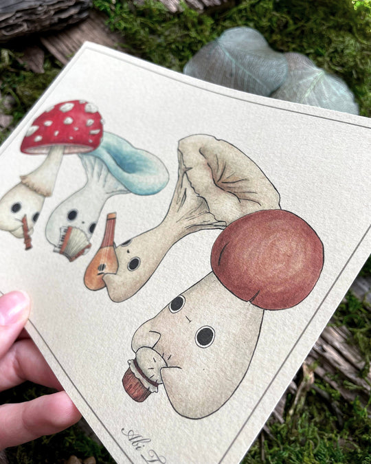 print of four mushlings playing various instruments closeup