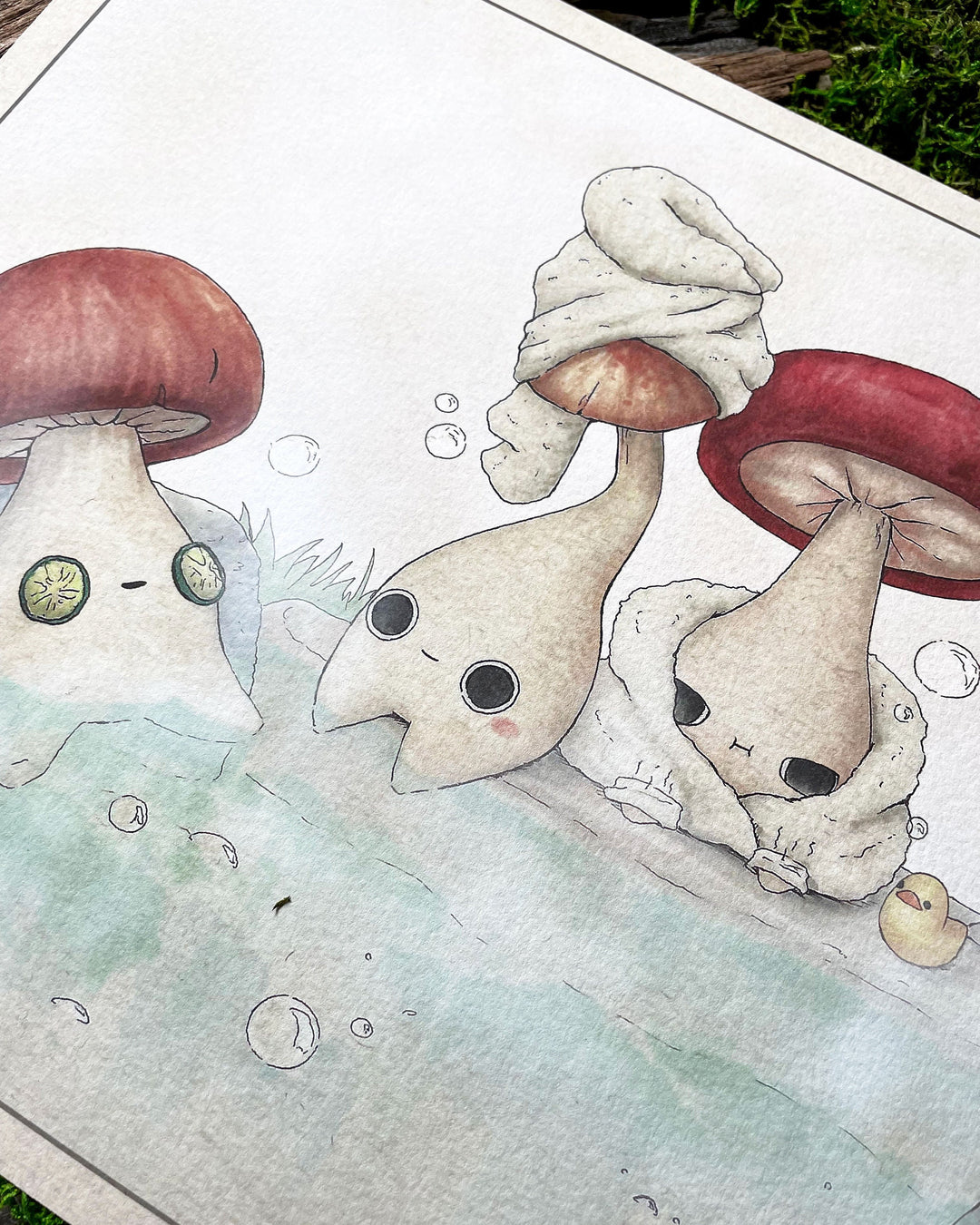 print of mushroom characters in a hot spring closeup