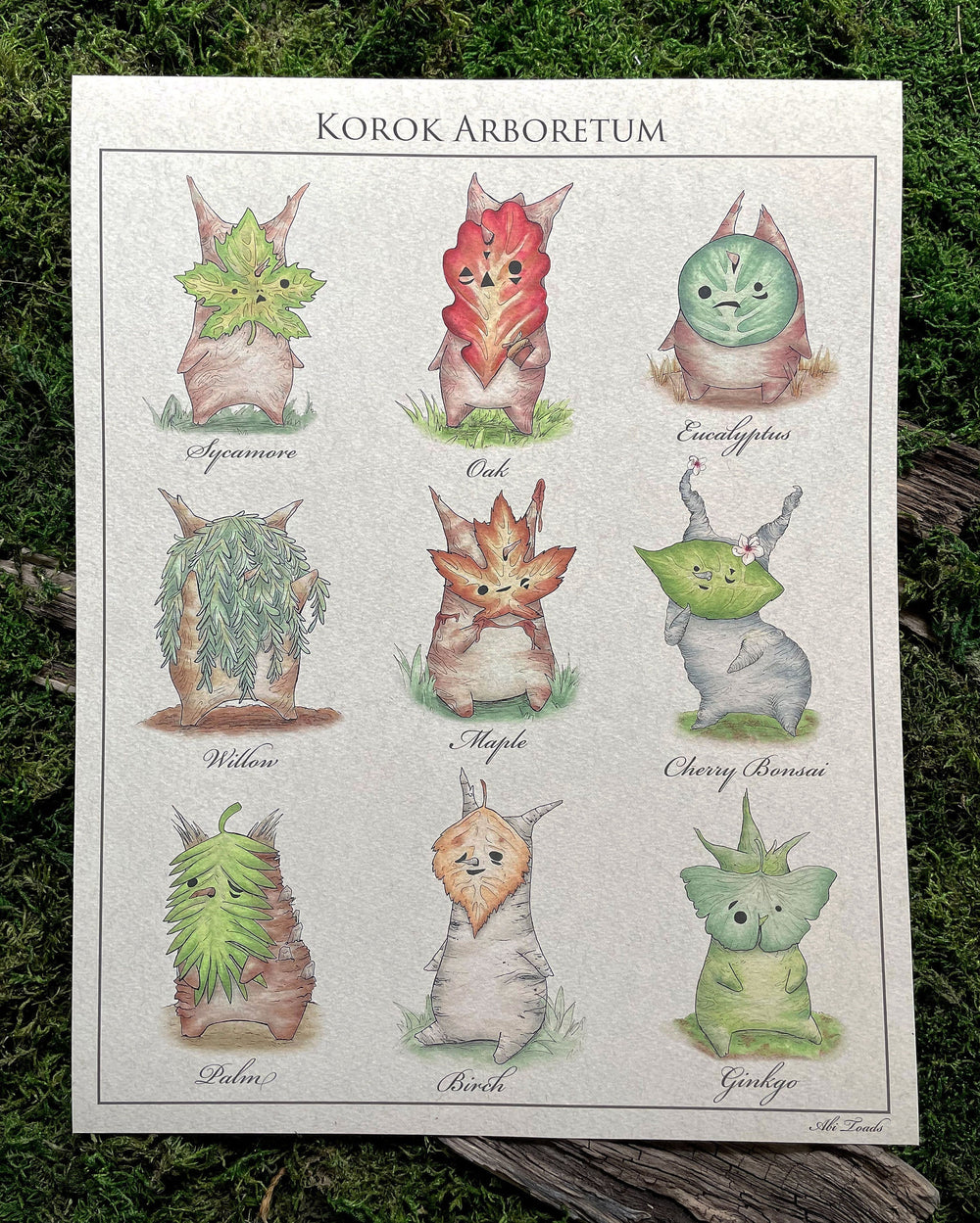 identification poster of koroks with leaf masks based on different tree leaves