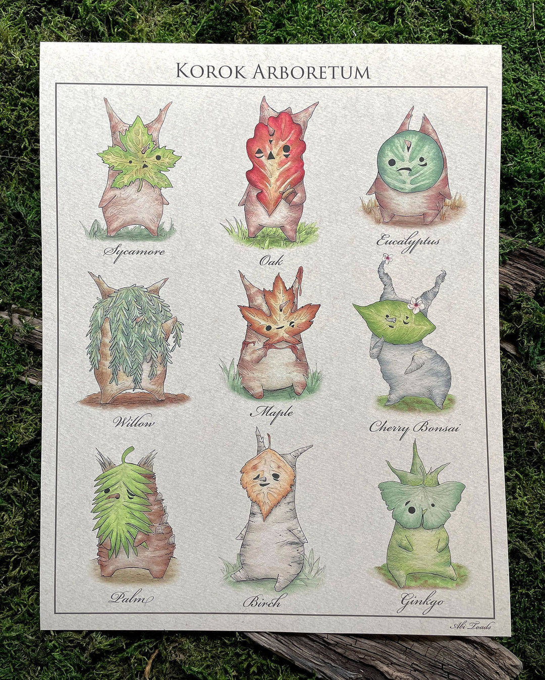 identification poster of koroks with leaf masks based on different tree leaves