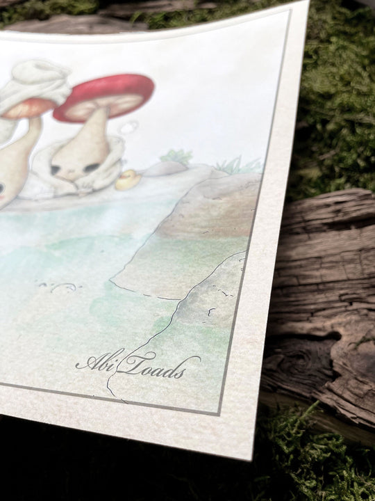 print of mushroom characters in a hot spring closeup