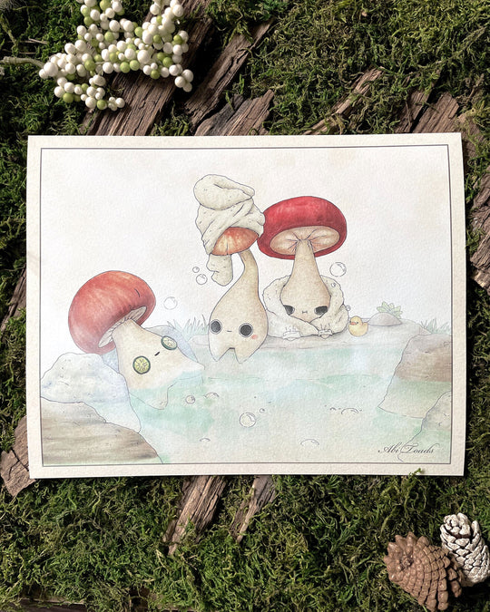 print of mushroom characters in a hot spring