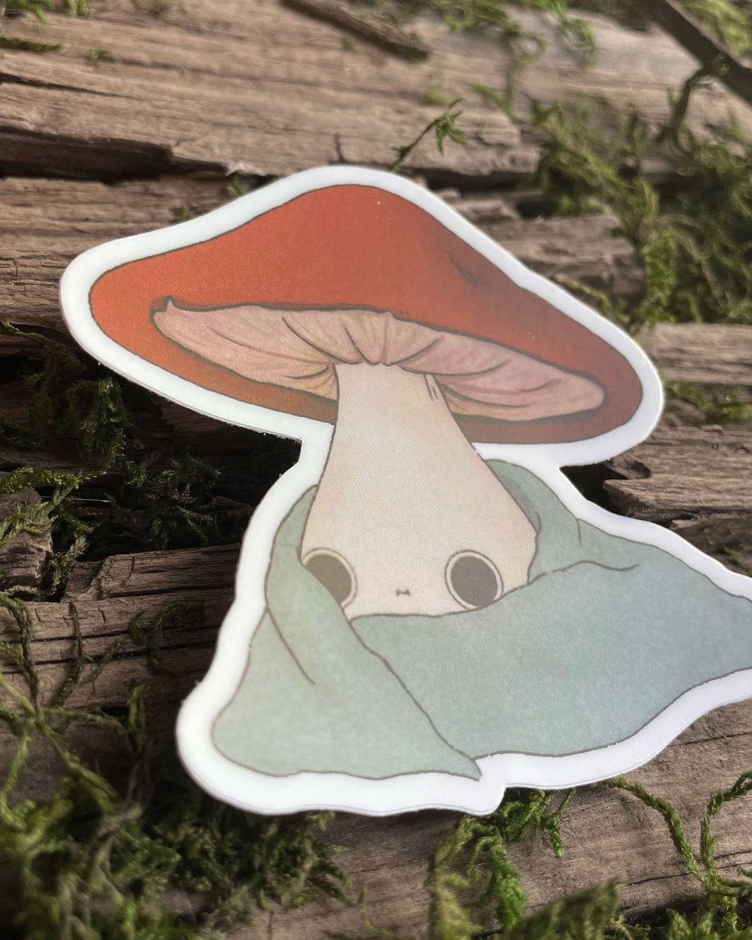 A sticker depicting a cute, cozy mushroom in a blanket position, with a vibrant red cap and a gentle eye design, placed on a wooden surface with green moss.