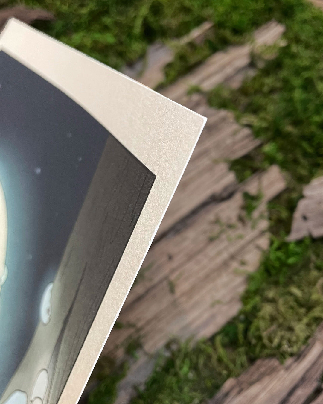 print of big glowing mushroom and a bunch of stylized glow worms climbing up tree closeup