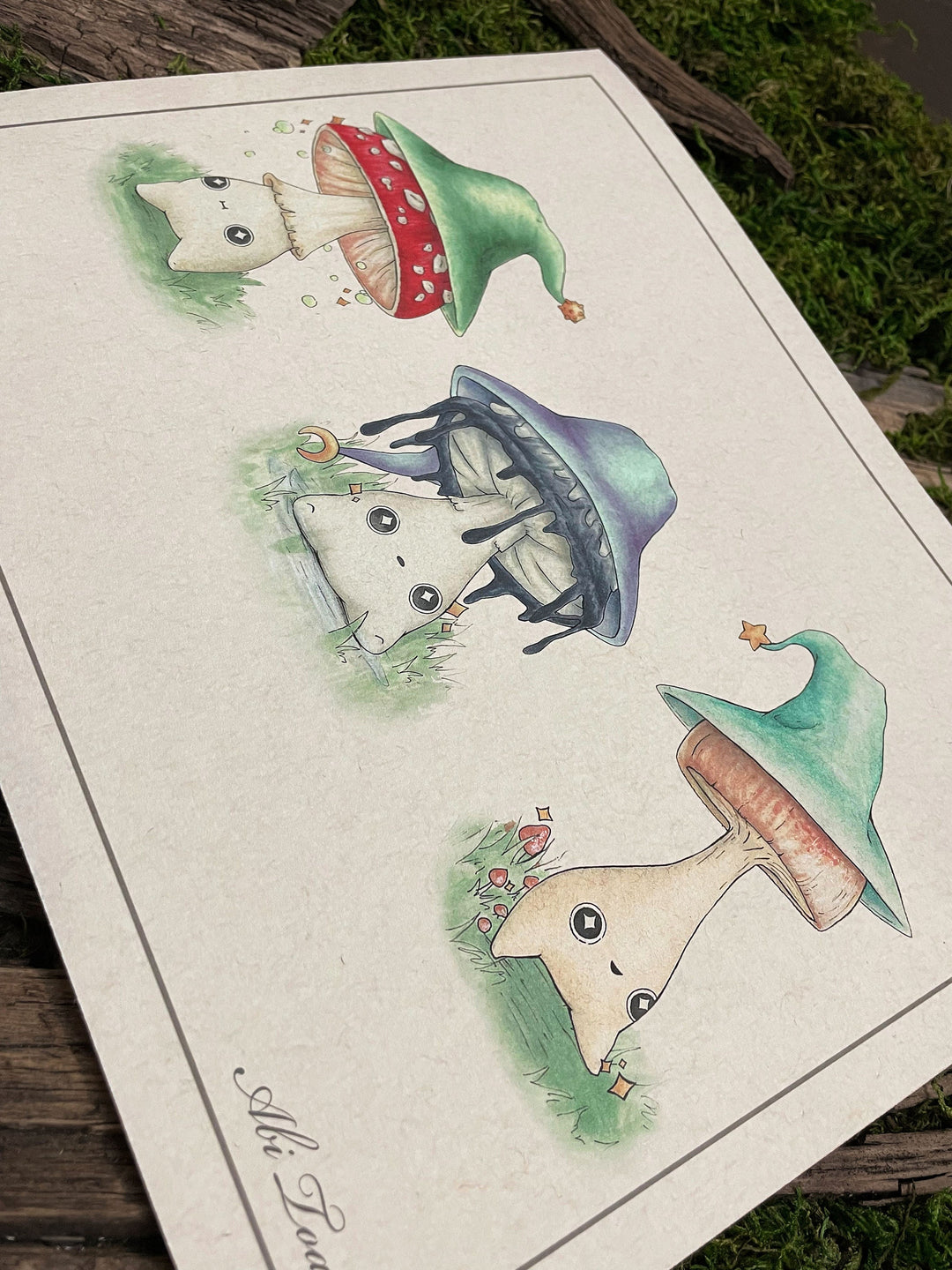 print of three mushroom character wizards closeup