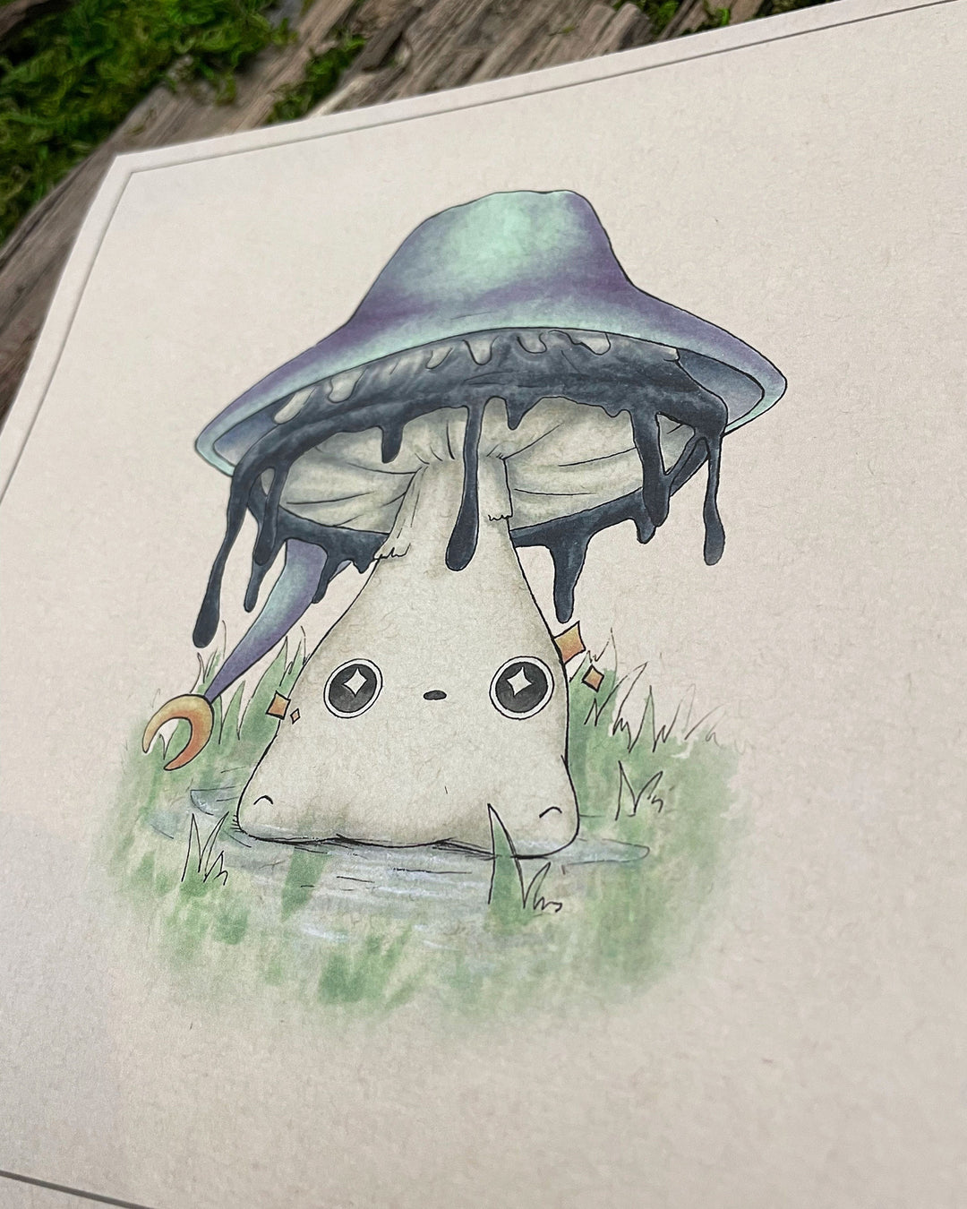 print of inky cap mushroom wizard closeup