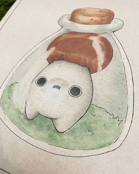 print depicting brown cap mushling in an oval jar closeup