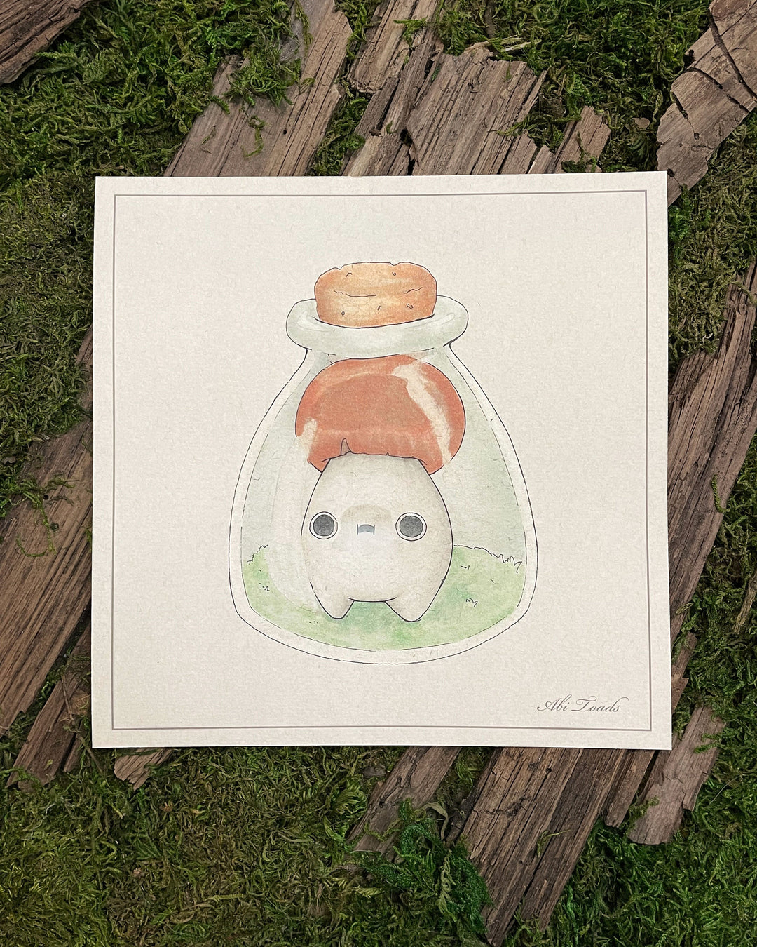 print depicting brown cap mushling in an oval jar