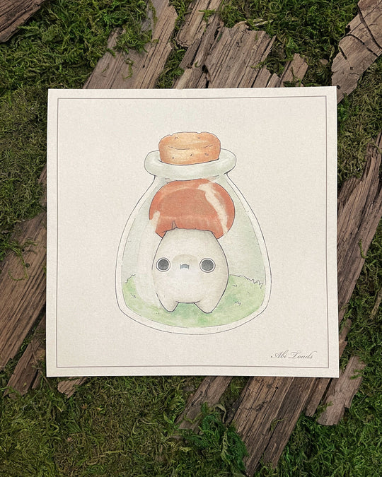 print depicting brown cap mushling in an oval jar