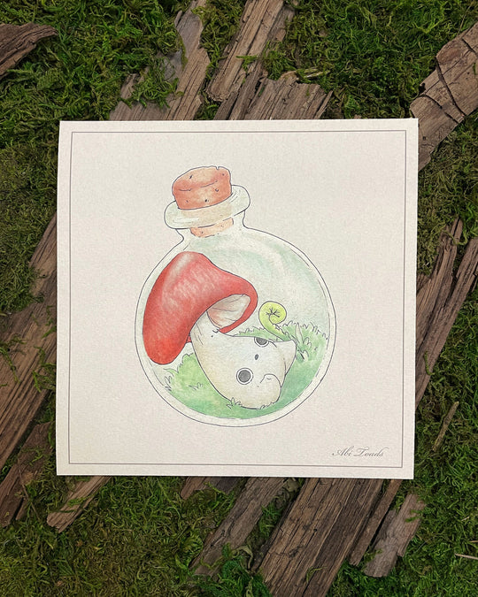 print depicting red cap mushling in a round jar