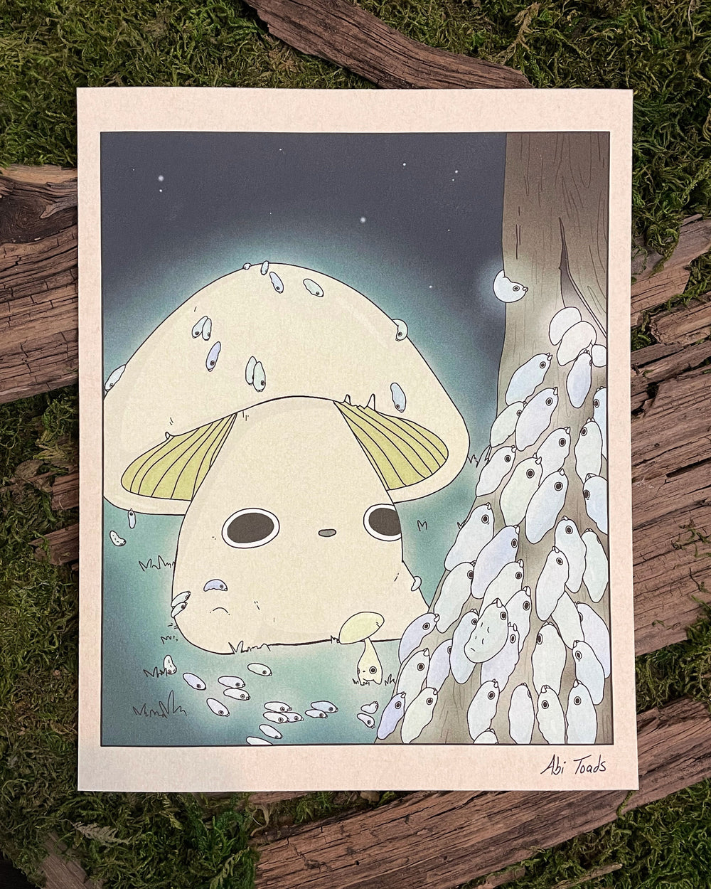 print of big glowing mushroom and a bunch of stylized glow worms climbing up tree