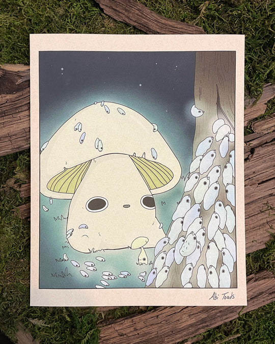 print of big glowing mushroom and a bunch of stylized glow worms climbing up tree