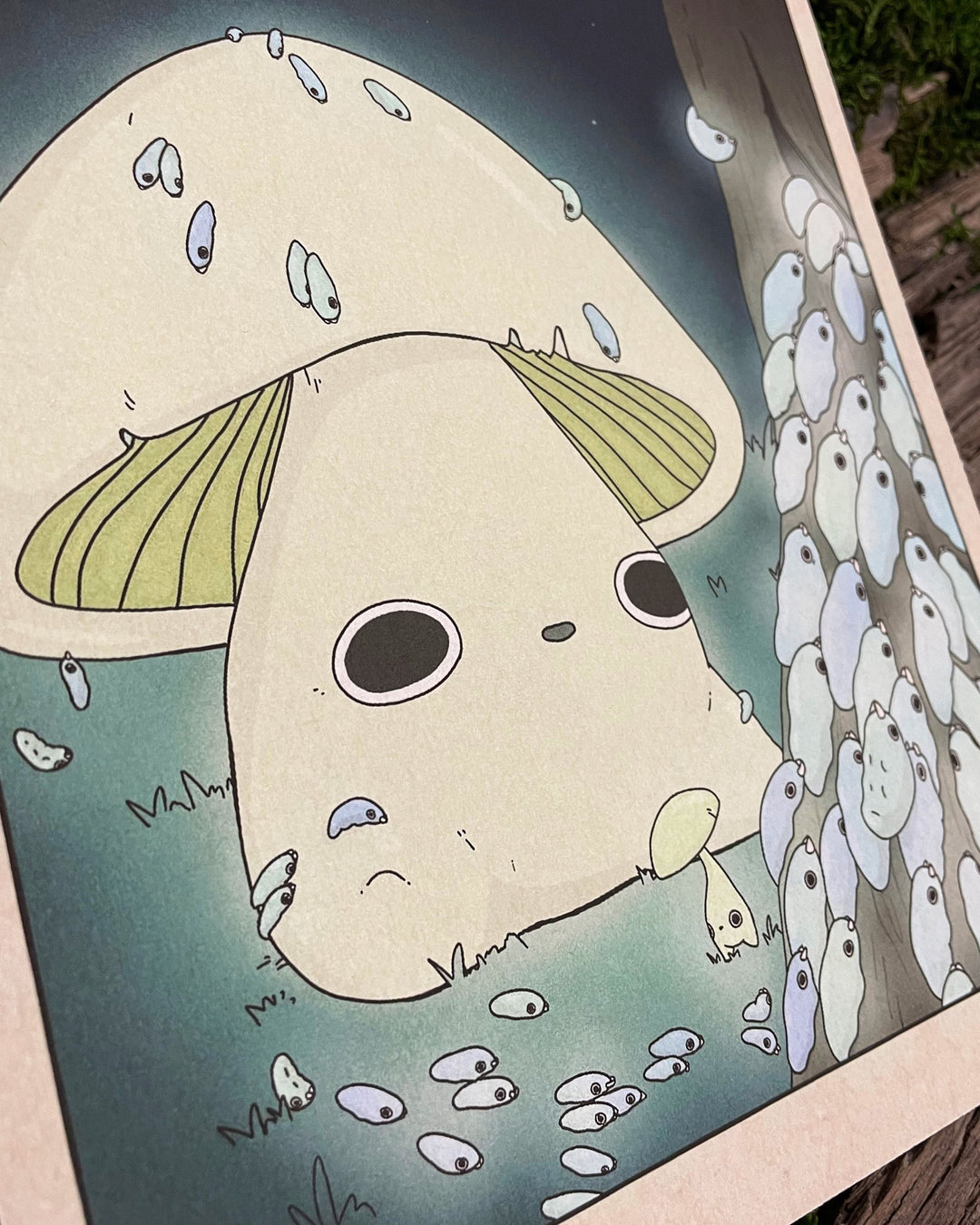 print of big glowing mushroom and a bunch of stylized glow worms climbing up tree closeup