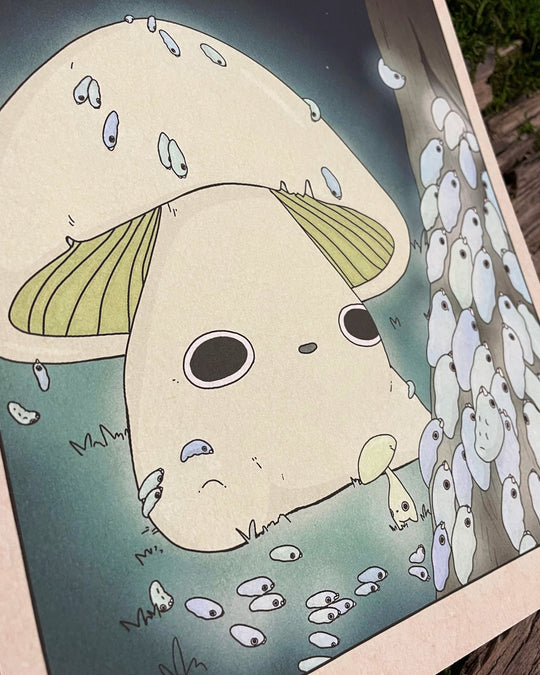 print of big glowing mushroom and a bunch of stylized glow worms climbing up tree closeup