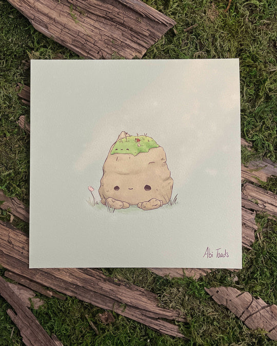 print of a happy rock with a pile of moss on top of his head, hugging it
