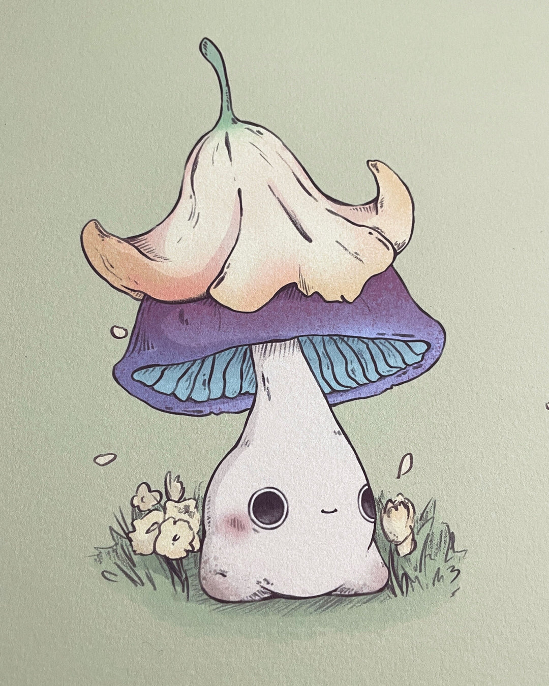 print of a purple capped mushling with a yellow flower on top of his head like a hat closeup