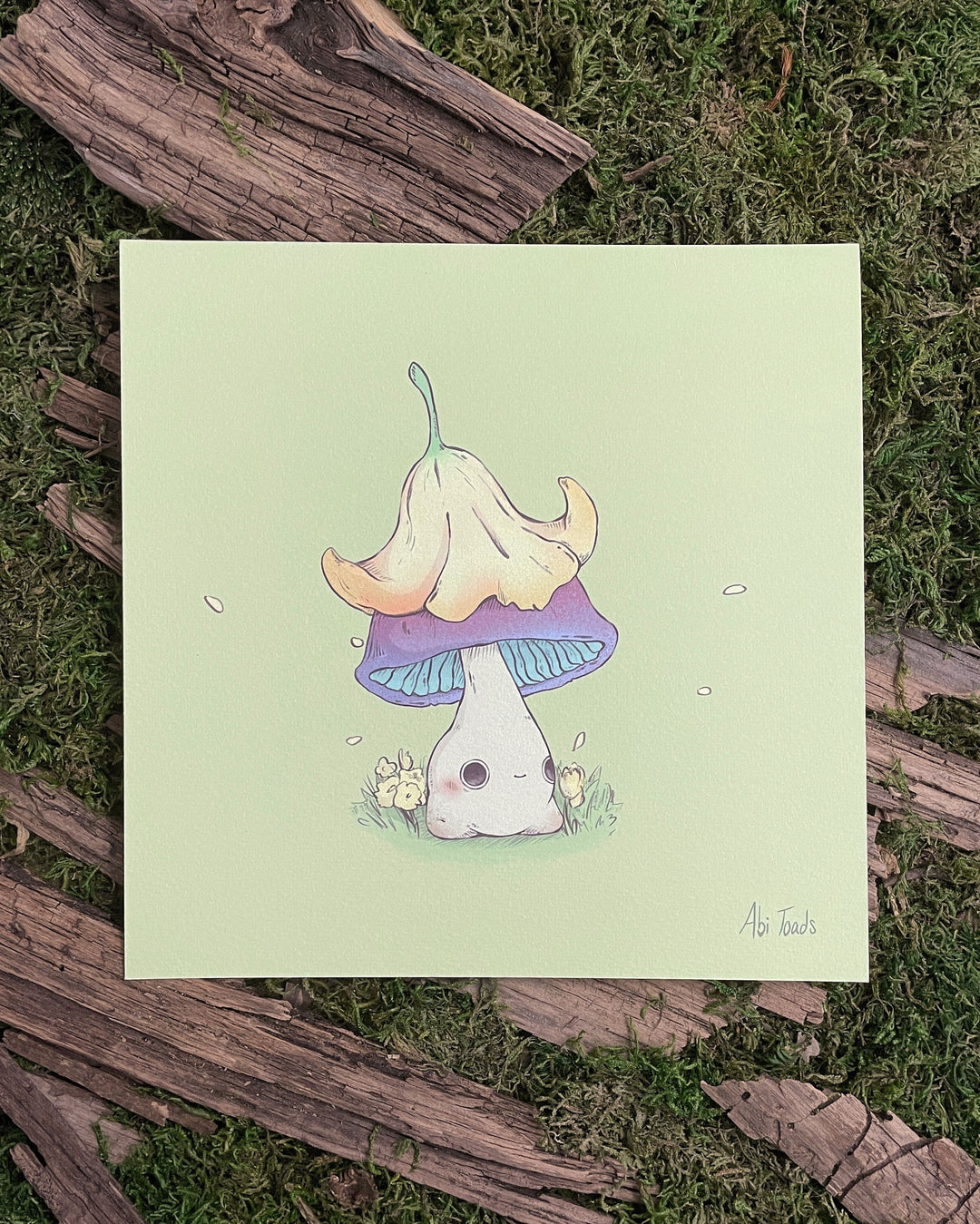 print of a purple capped mushling with a yellow flower on top of his head like a hat