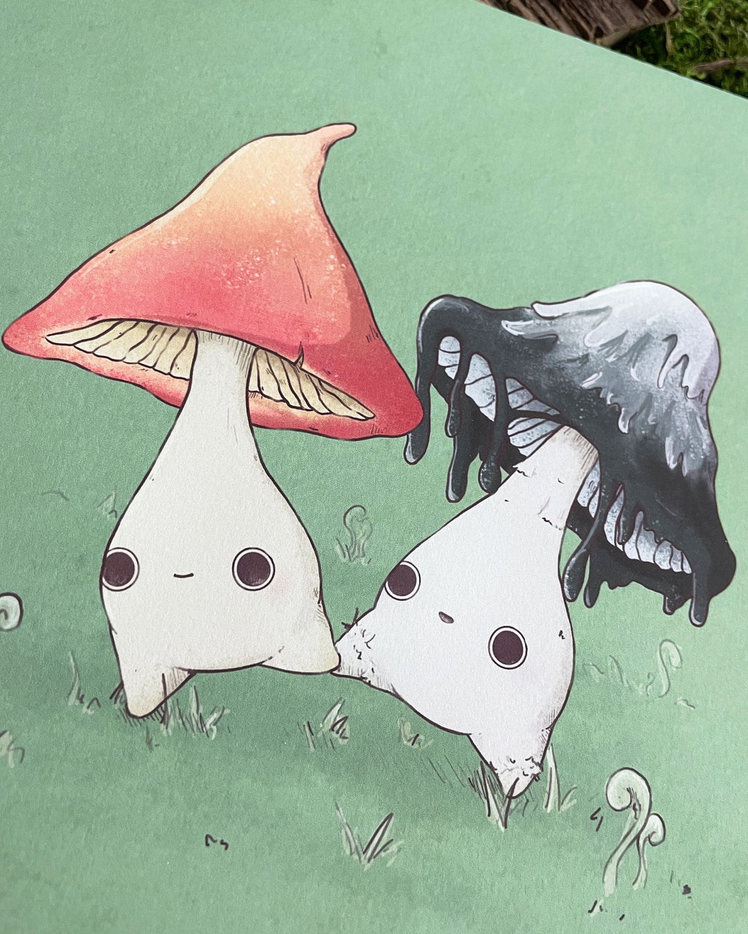 print of witch hat mushling walking with inky cap mushling closeup