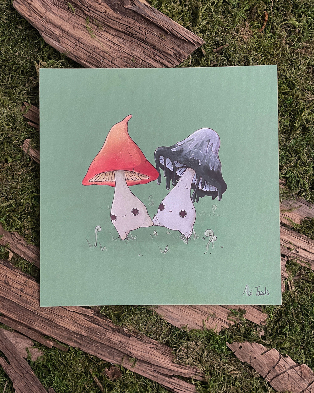 print of witch hat mushling walking with inky cap mushling