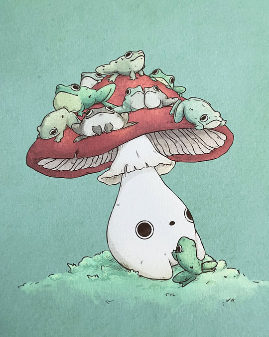 print of red capped mushling with many frogs sitting on top of his head closeup