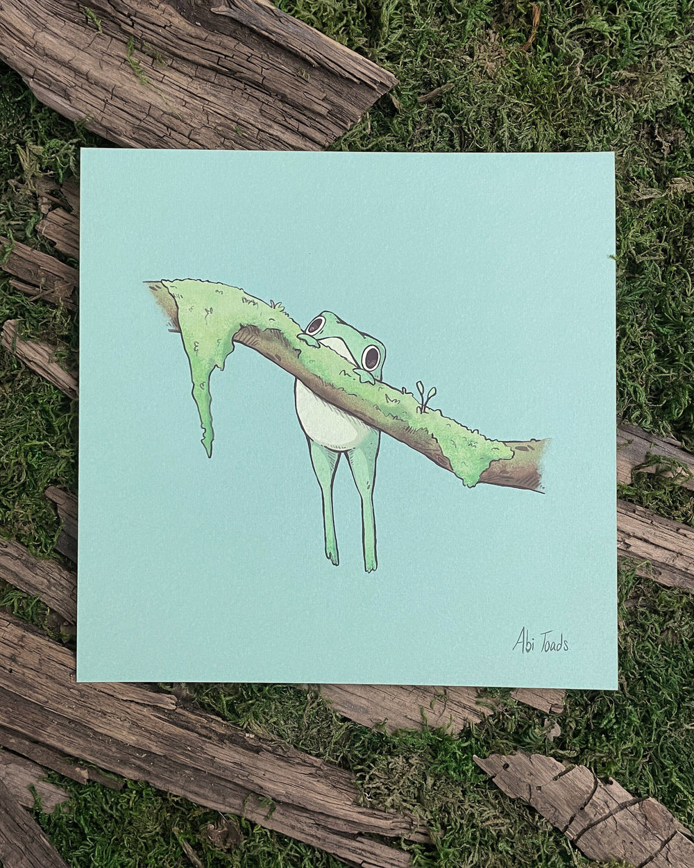 print of a frog handing on a mossy branch