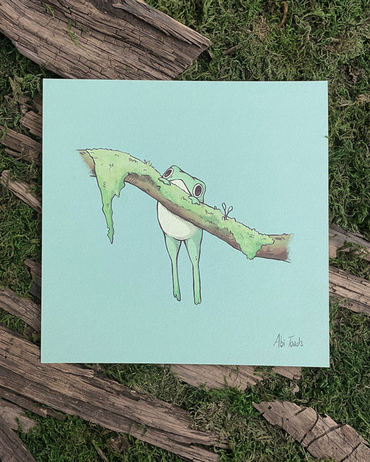 print of a frog handing on a mossy branch