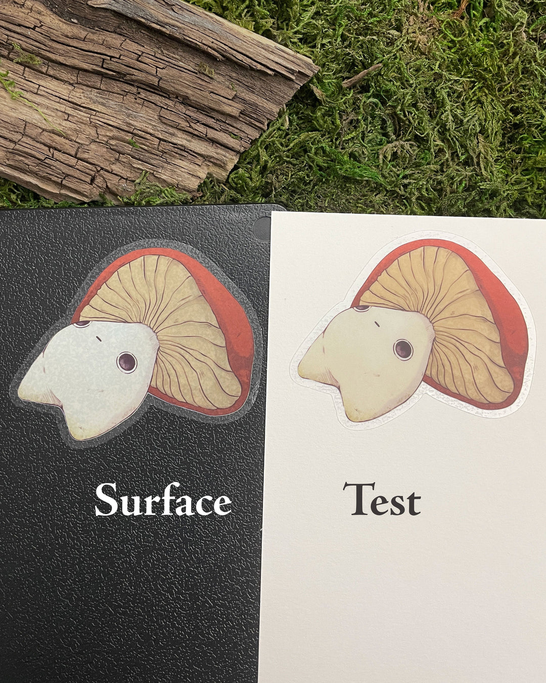 mushroom character sticker on two different backgrounds for reference on a dark surface vs a light surface