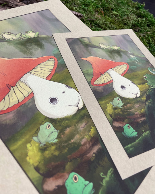 different sizes of witch's hat animation of mushling sitting in mossy forest surrounded by frog