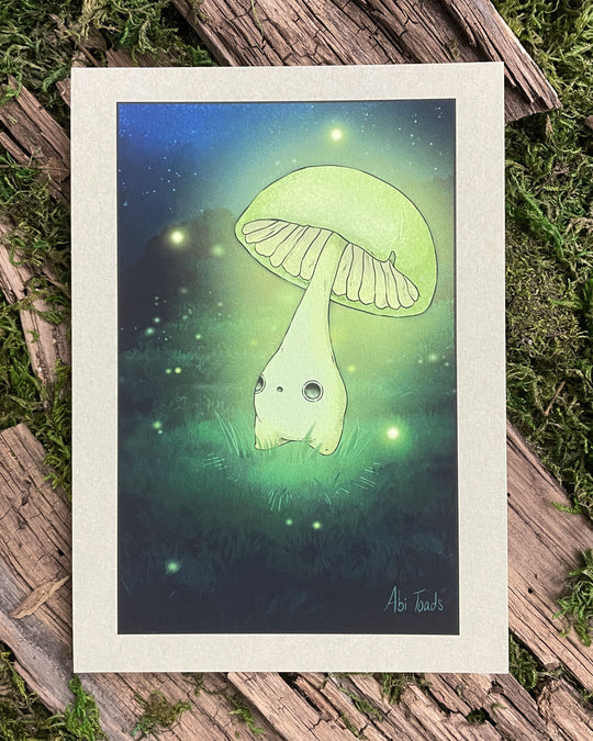print of bioluminescent mushroom surrounded by fireflies in a dark grassy field