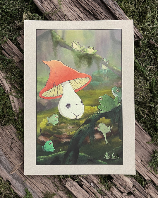 print of a witch's hat mushling sitting in a mossy forest surrounded by frogs