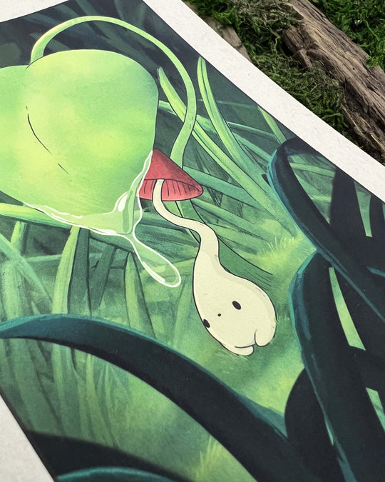 A whimsical artwork of a small mushroom with a red cap and long stem, hiding under a large leaf in a forest setting closeup