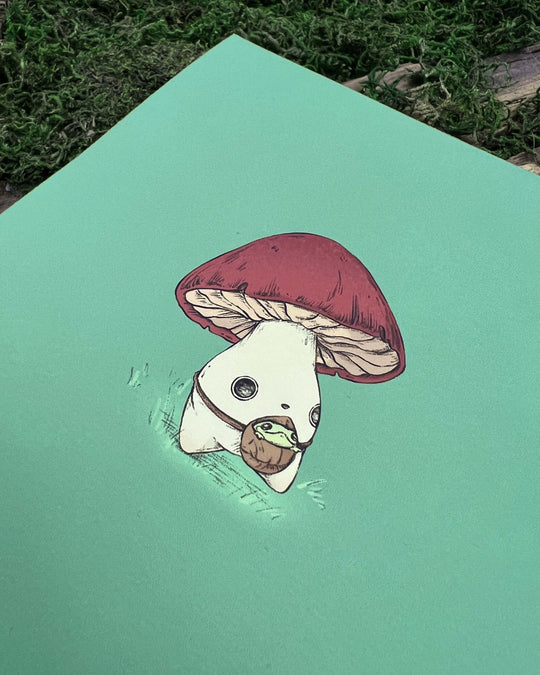 print of red capped mushling walking with a frog in a leafy fanny pack on his front closeup