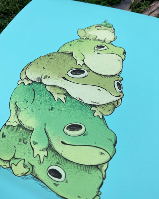 print depicting four frogs stacked on top of each other closeup