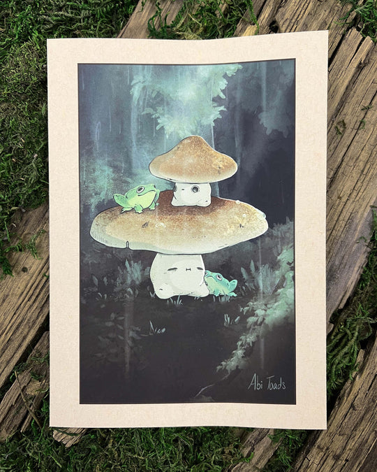 print of polypore mushlings stacked on top of each other in a dark rainy forest