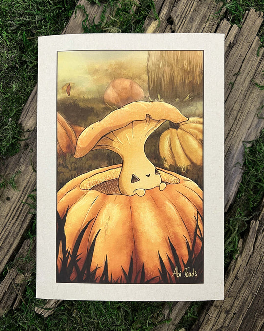 print of pumpkin like mushling popping out of the top of a pumpkin