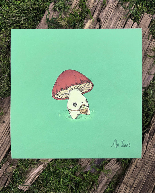 print of red capped mushling walking with a frog in a leafy fanny pack on his front