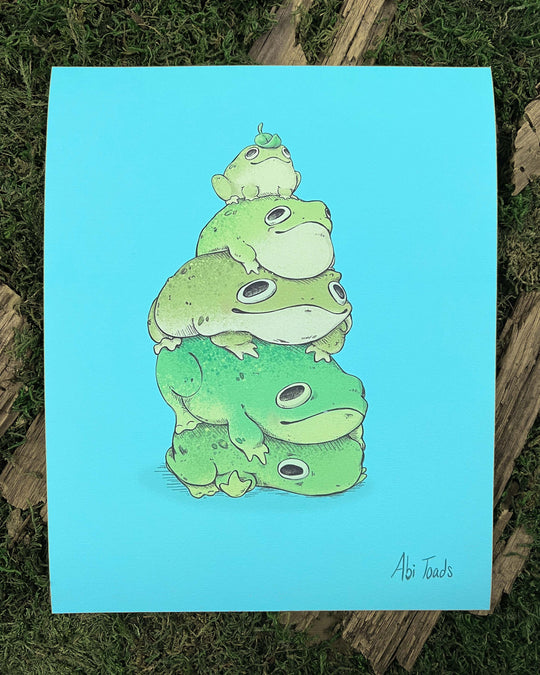 print depicting four frogs stacked on top of each other
