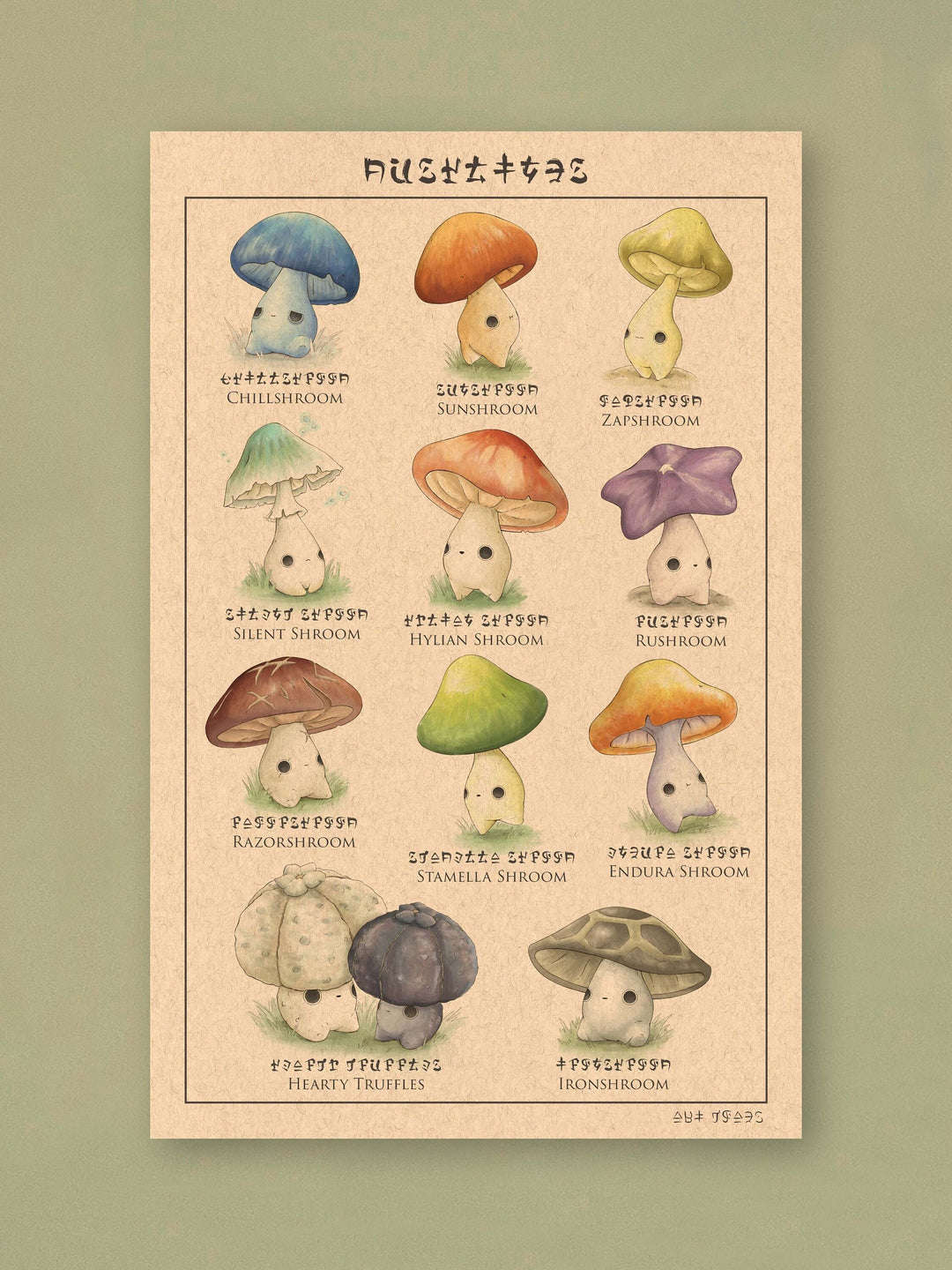 print of mushroom characters based on mushrooms in the legend of zelda games