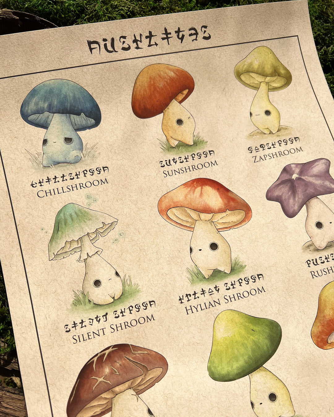 print of mushroom characters based on mushrooms in the legend of zelda games closeup